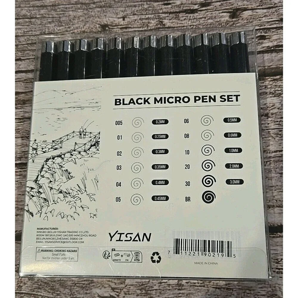 YISAN Black Micro Pen Set 12 Sizes Non Toxic New (194)